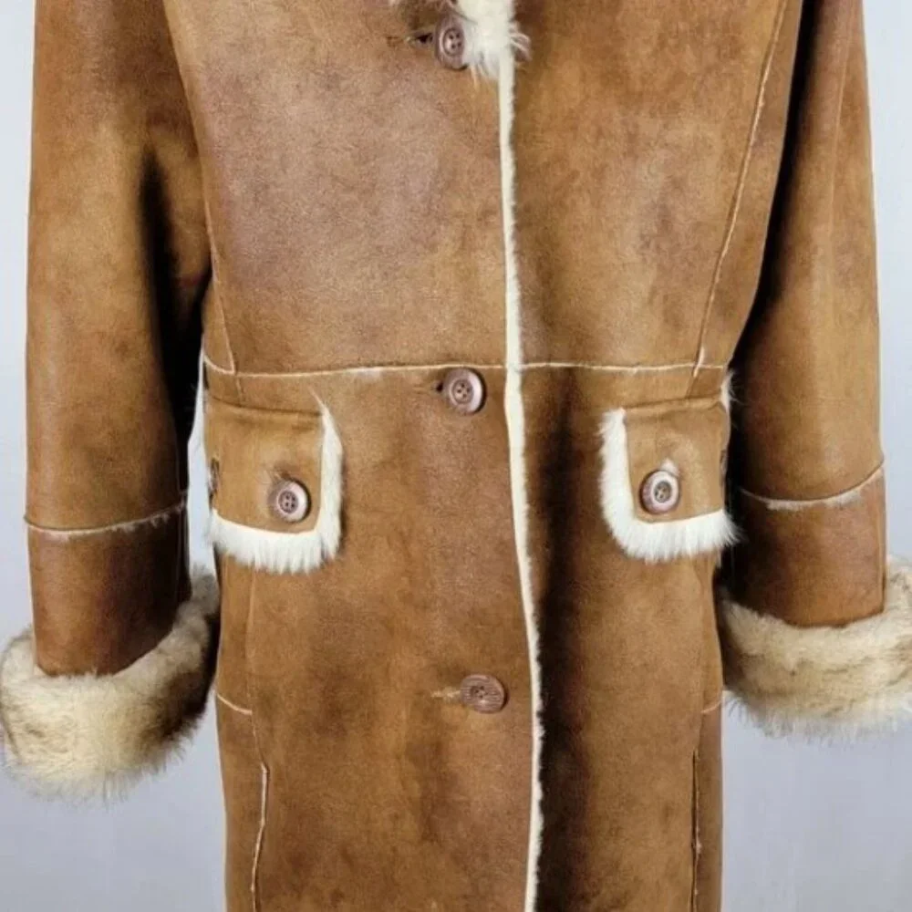 Stunning WILSONS Brown Long Faux Suede Fur Trim Sherpa Shearling Coat Y2K Sz M - Picture 7 of 12